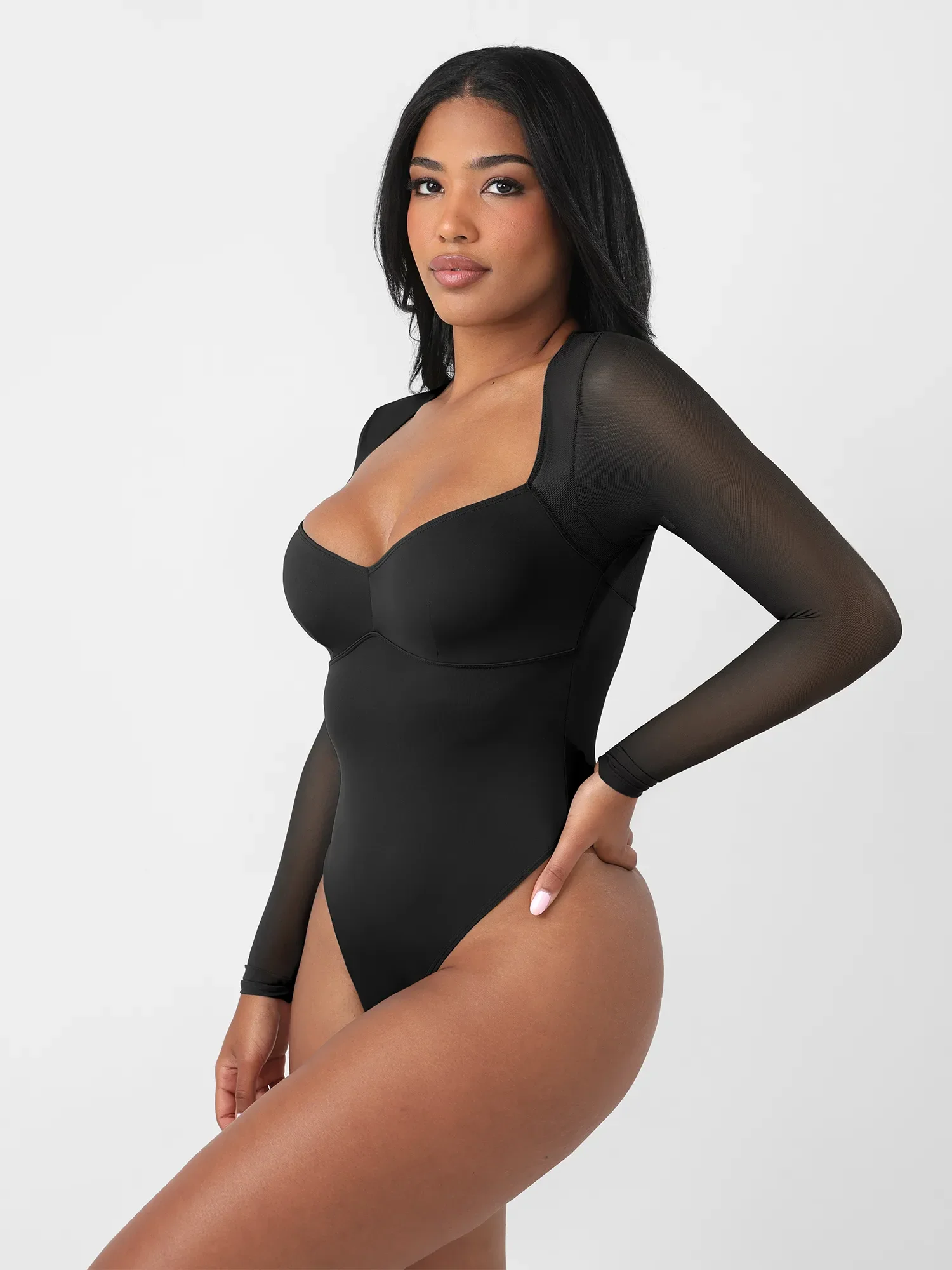 Mesh Panel V-Neck Thong Bodysuit - Image 2