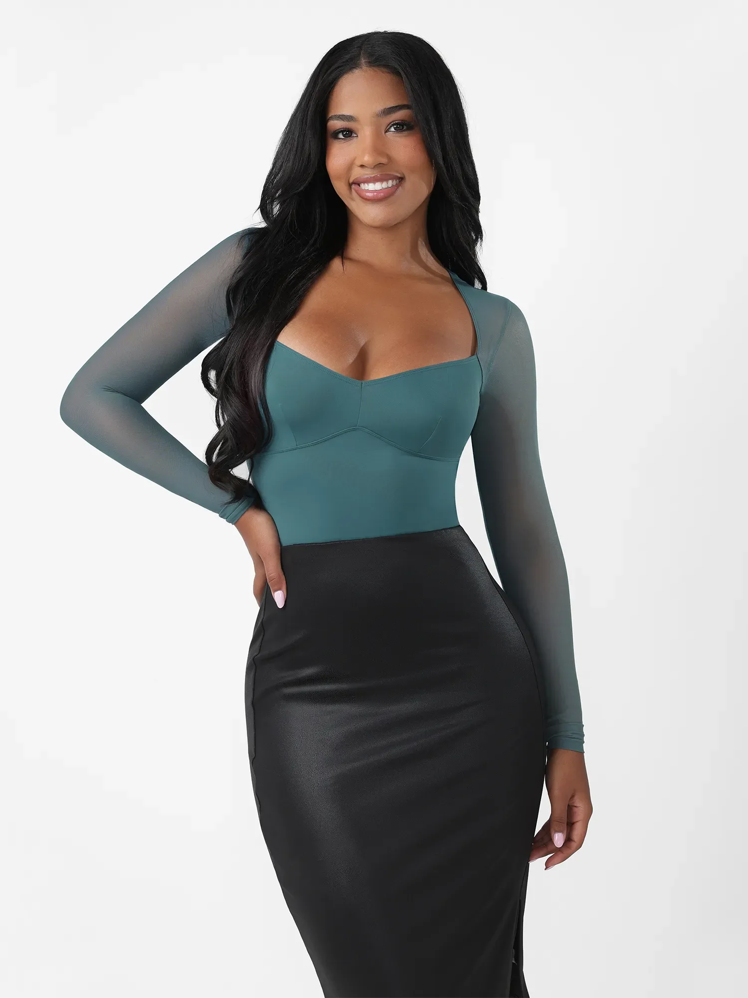 Mesh Panel V-Neck Thong Bodysuit - Image 22