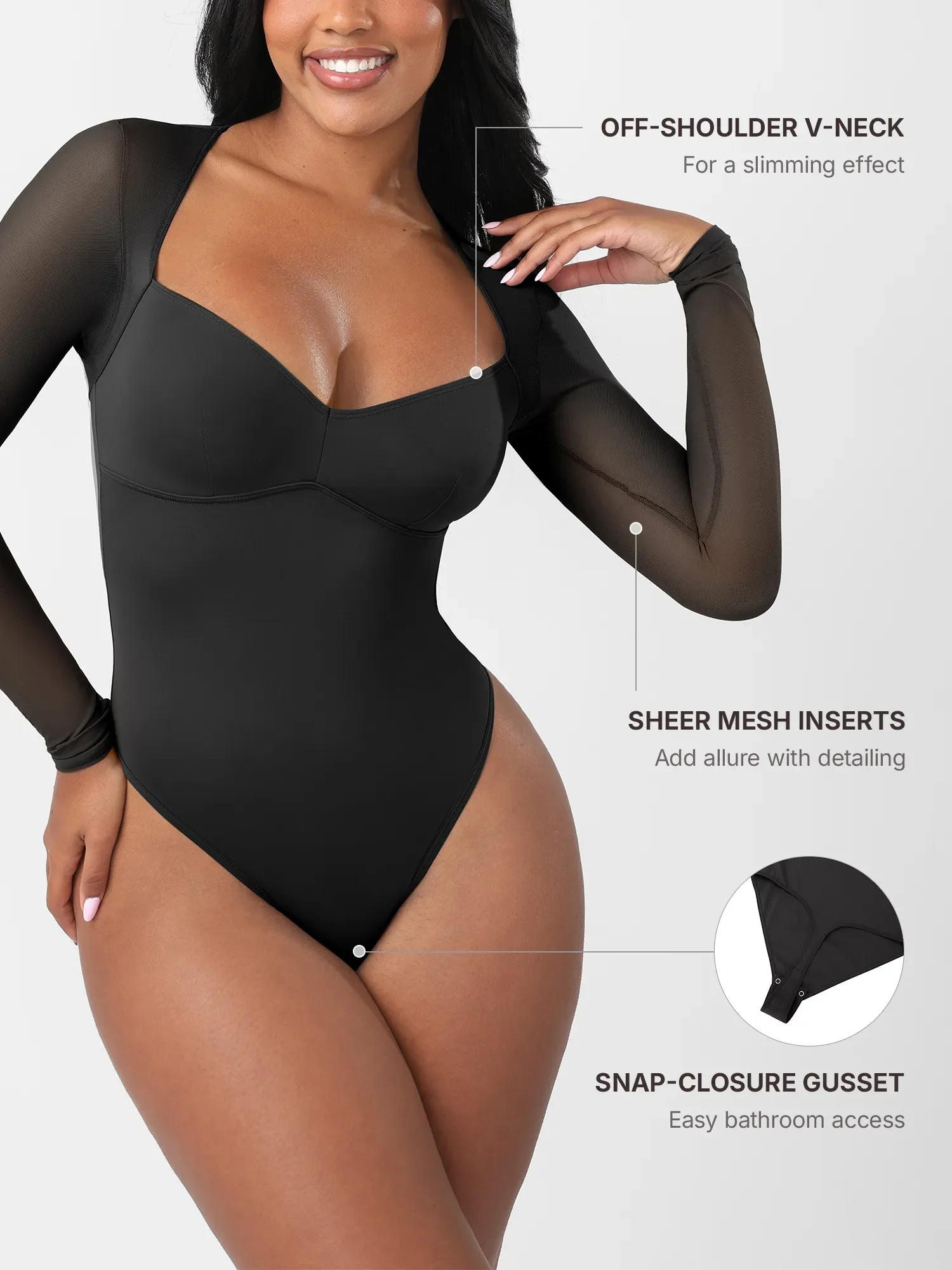 Mesh Panel V-Neck Thong Bodysuit - Image 3