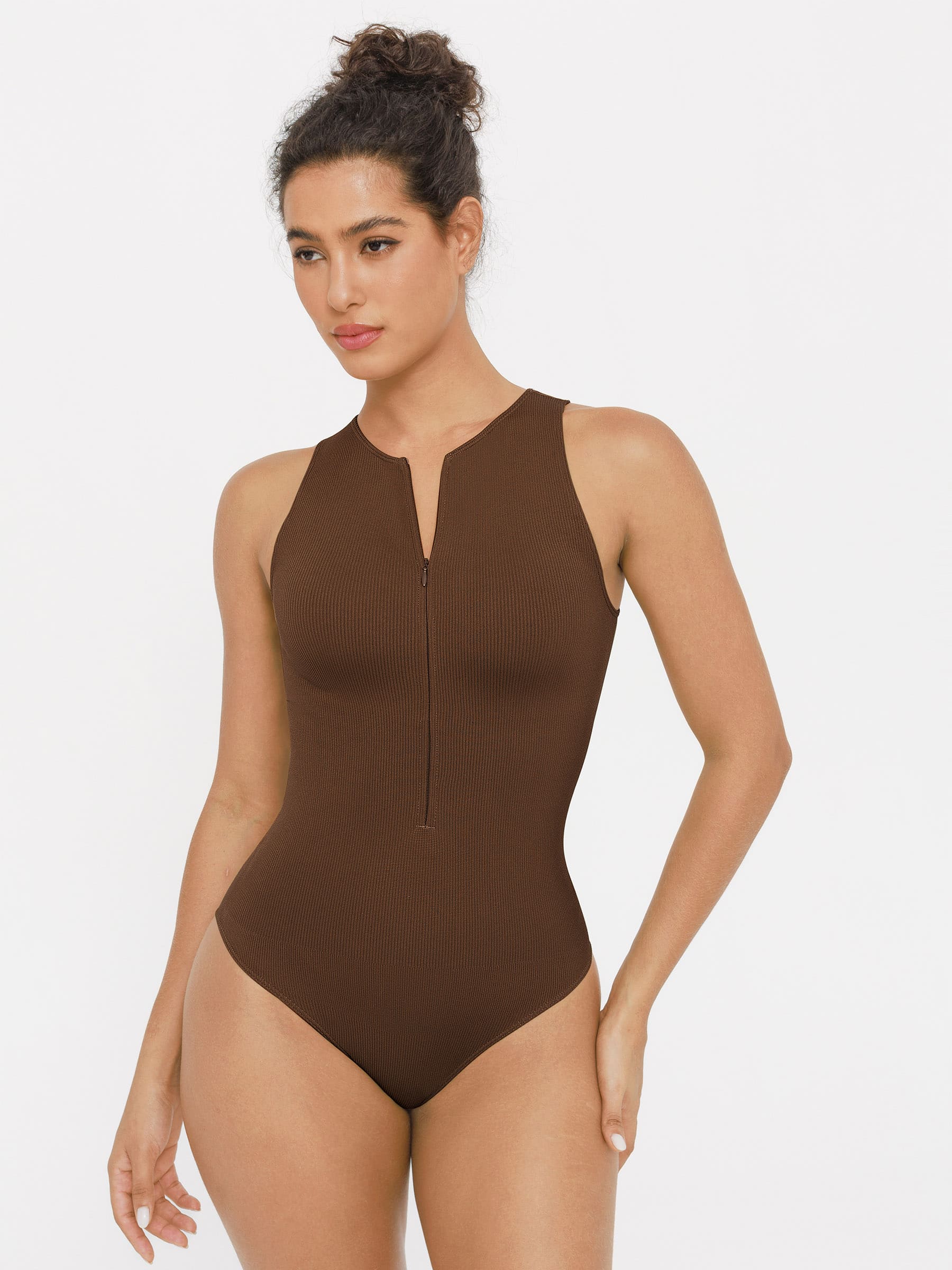 Crew Neck Invisible Zip Ribbed Seamless Bodysuit - Image 9