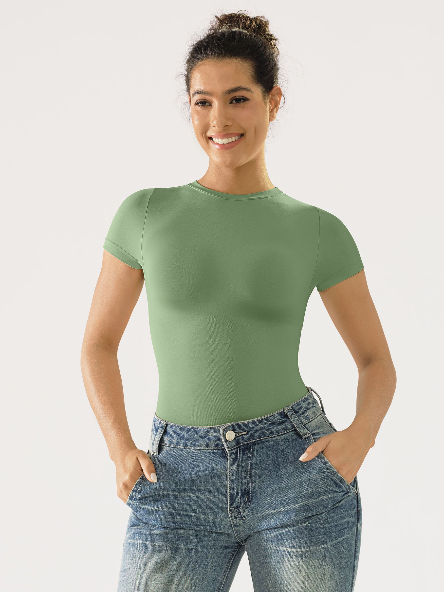 Crew Neck Seamless Short Sleeve Bodysuit - Image 34